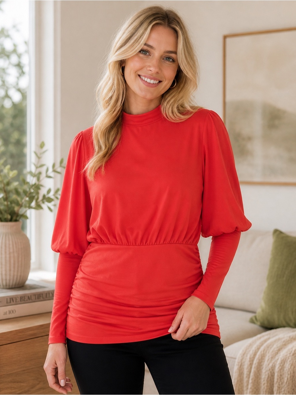 Lane Bryant Shirred Mock-Neck Knit Top Red Size 22/24 3X NWT